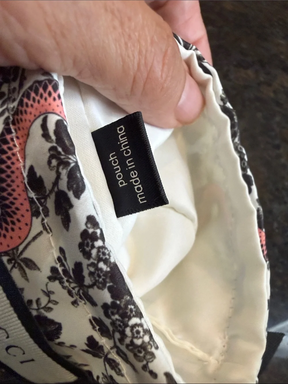 Source Unknown GG Cream Drawstring  Pouch with Pink Snake and Black Floral Print